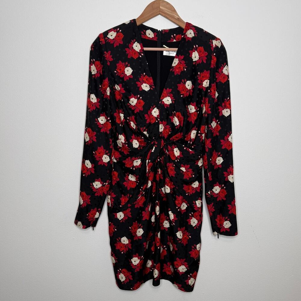Saint Laurent Paris Silk Floral Mini Dress FR38 Black Red Rose Long Sleeve